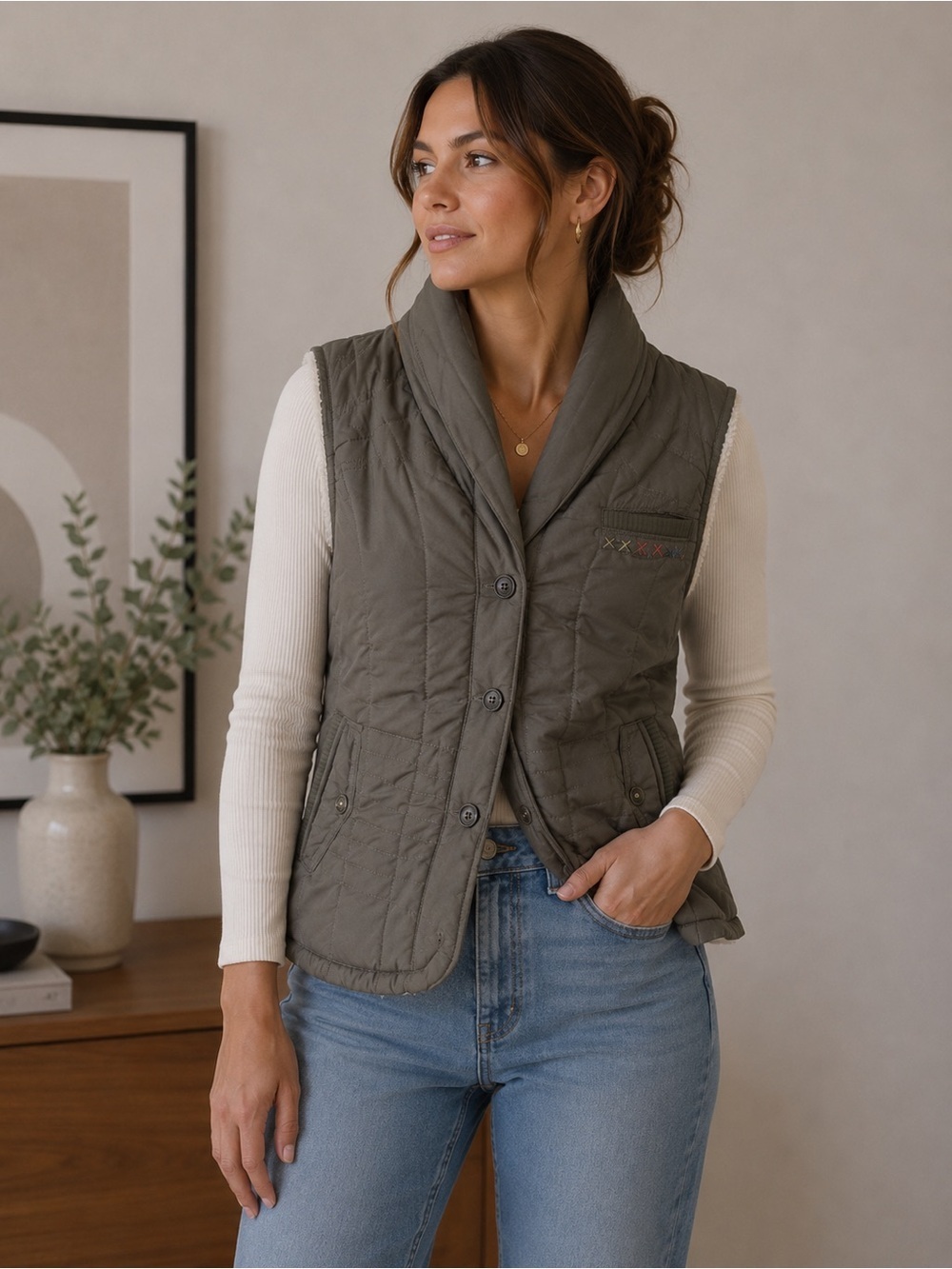 Billabong Quilted Vest in Dark Green Olive Size M Y2K Cozy Fleece Lined Sherpa